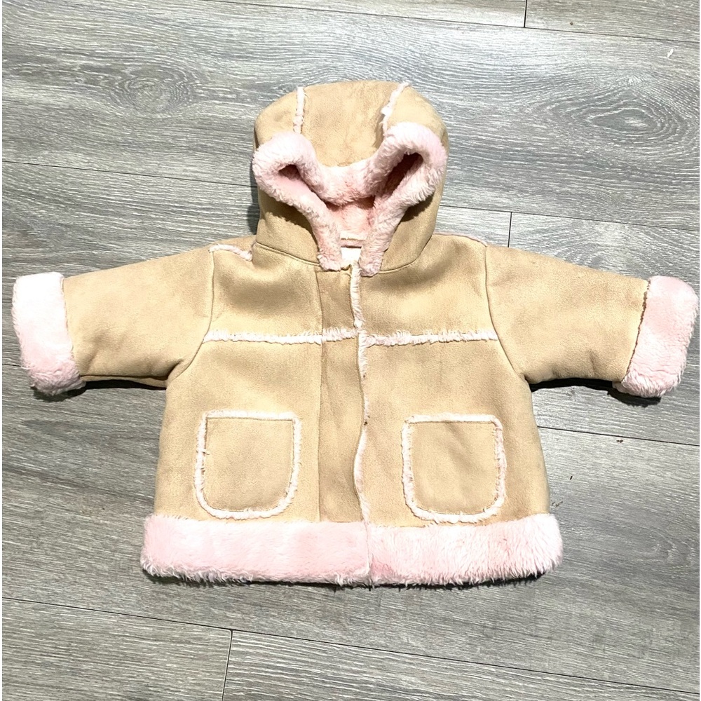 0-3 Months girl pink and tan suede coat🍁 Fall jacket, very soft Childrens place